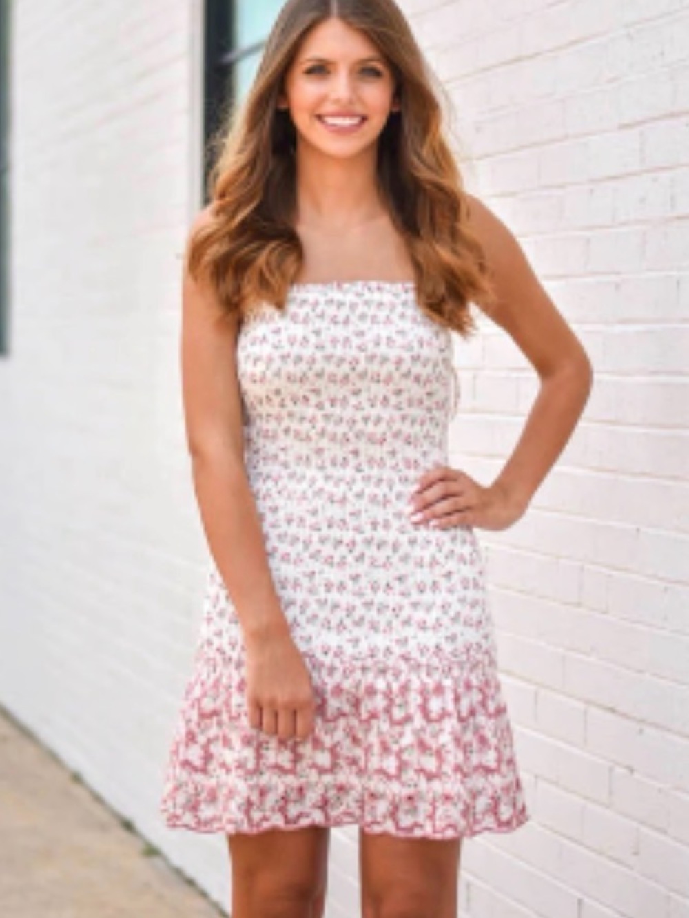 The Impeccable Pig Hello Darling White Floral Smocked Mini Dress w/ Eyelet Hem